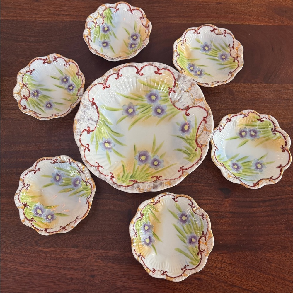 NIPPON Large Bowl & 6 Matching Smaller Bowls Clean Beautiful Over 100 Years Old